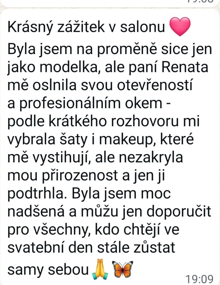WhatsApp zpráva Šárky Horákové o zkušenosti s proměnou v salonu Stefani jako modelka