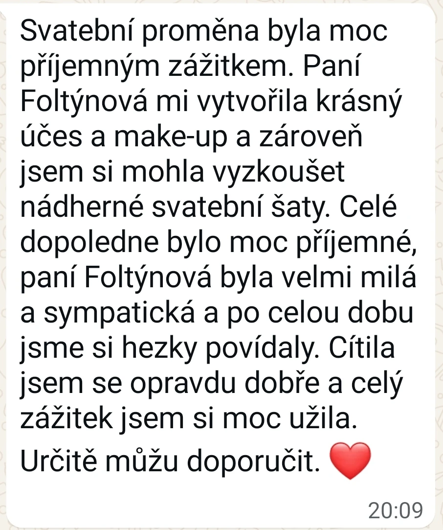 WhatsApp zpráva zákaznice Štěpánky po svatební proměně v salonu Stefani
